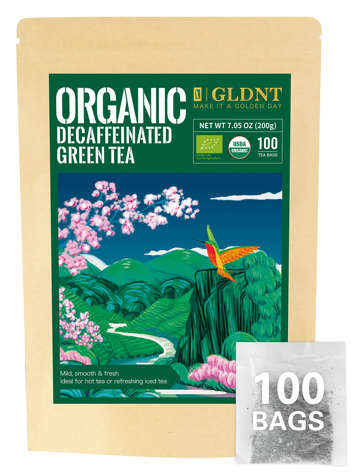 GLDNT Organic Decaf Green Tea Bags  Organic Green Tea Decaffeinated  Smooth Flavor  Super Antioxidant  Iced & Hot Tea  100 Count