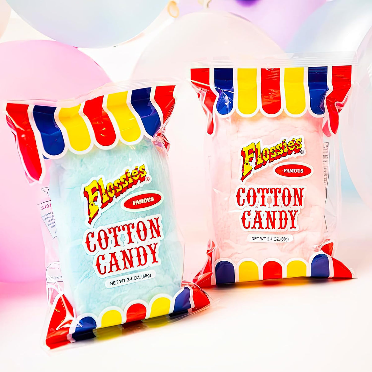 Flossies Famous Cotton Candy Blue and Pink Party Flavors, 2.4oz Bag (6-Pack)