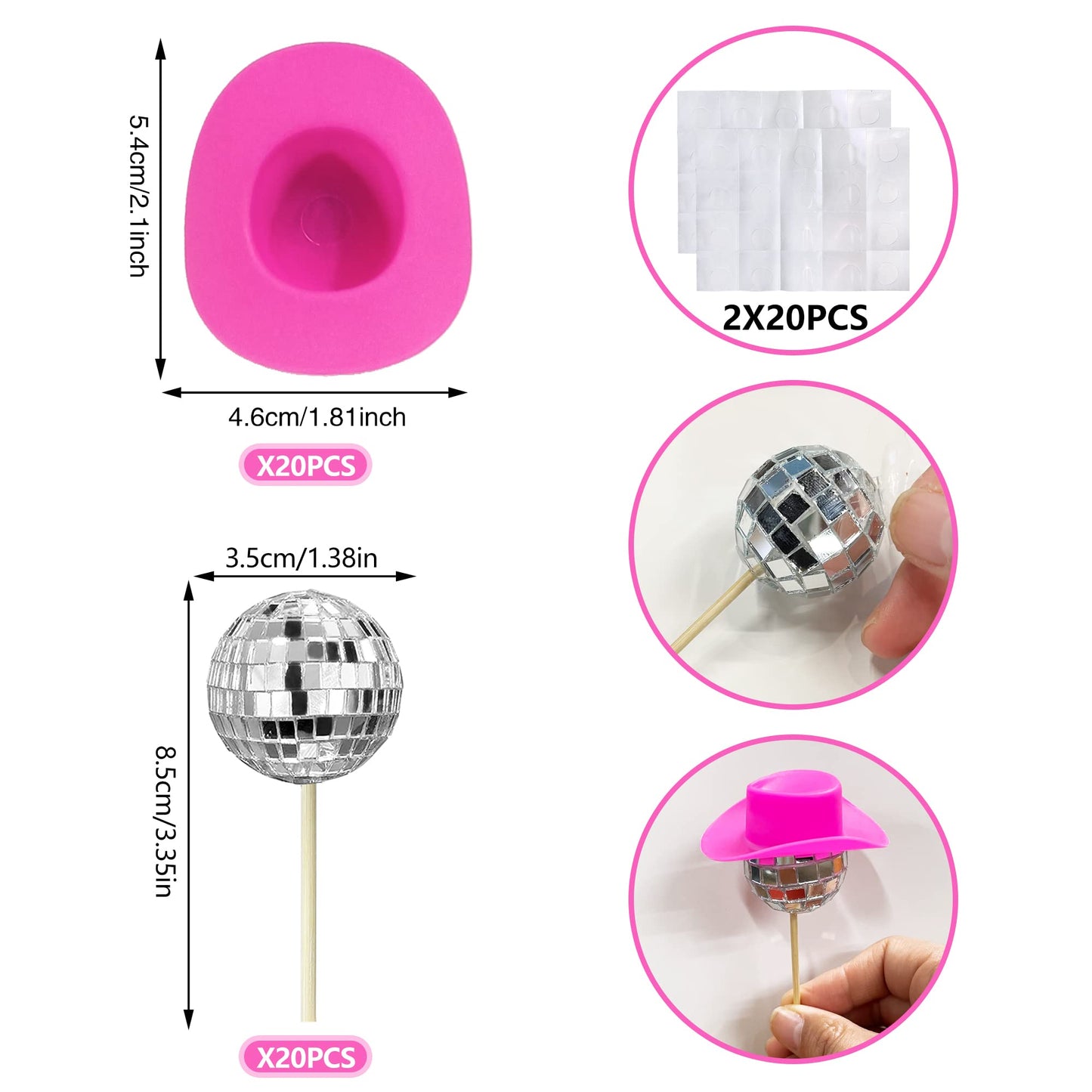 HAVAGDTM Disco Ball Cake Decorations Set - 40 PCS, Pink Cowboy Hat & Cupcake Toppers, 1970s Theme Party Picks