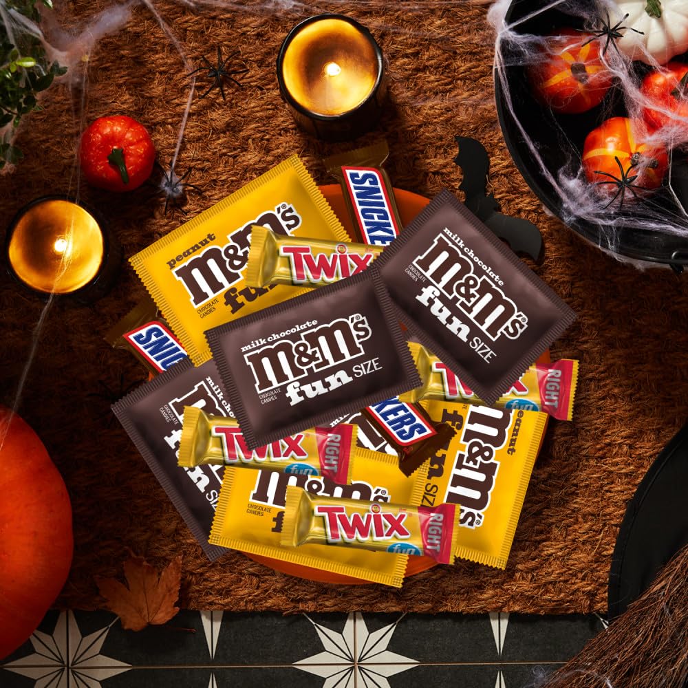M&MS Fun Size Milk Chocolate  M&MS Fun Size Peanut  SNICKERS Fun Size & TWIX Fun Size Caramel Cookie Milk Chocolate Individually Wrapped Trick or Treat Halloween Candy  35 Ct  19.37 Oz Bulk Bag
