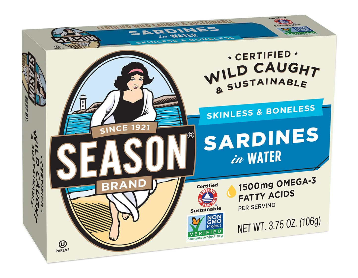 Season Sardines In Water - Skinless & Boneless, Wild Caught, 22G Of Protein, Keto Snacks, More Omega 3S Than Tuna, Kosher, High