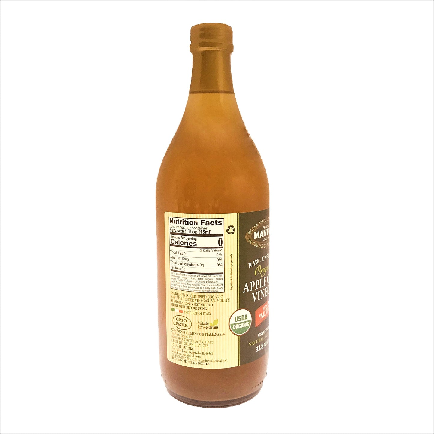 Mantova Organic Apple Cider Vinegar with The Mother, 34 Oz (2 Pack) - Rich in Probiotics, Perfect for Cooking and Salad Dressings
