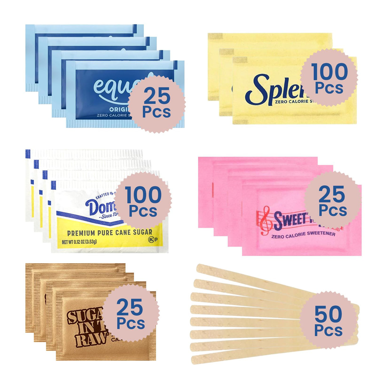 Assorted Sugar Packets for Coffee Station Gift Set, 325 Piece Individual Sugr and Sweetener Assortment Packets, Zero-Calorie and
