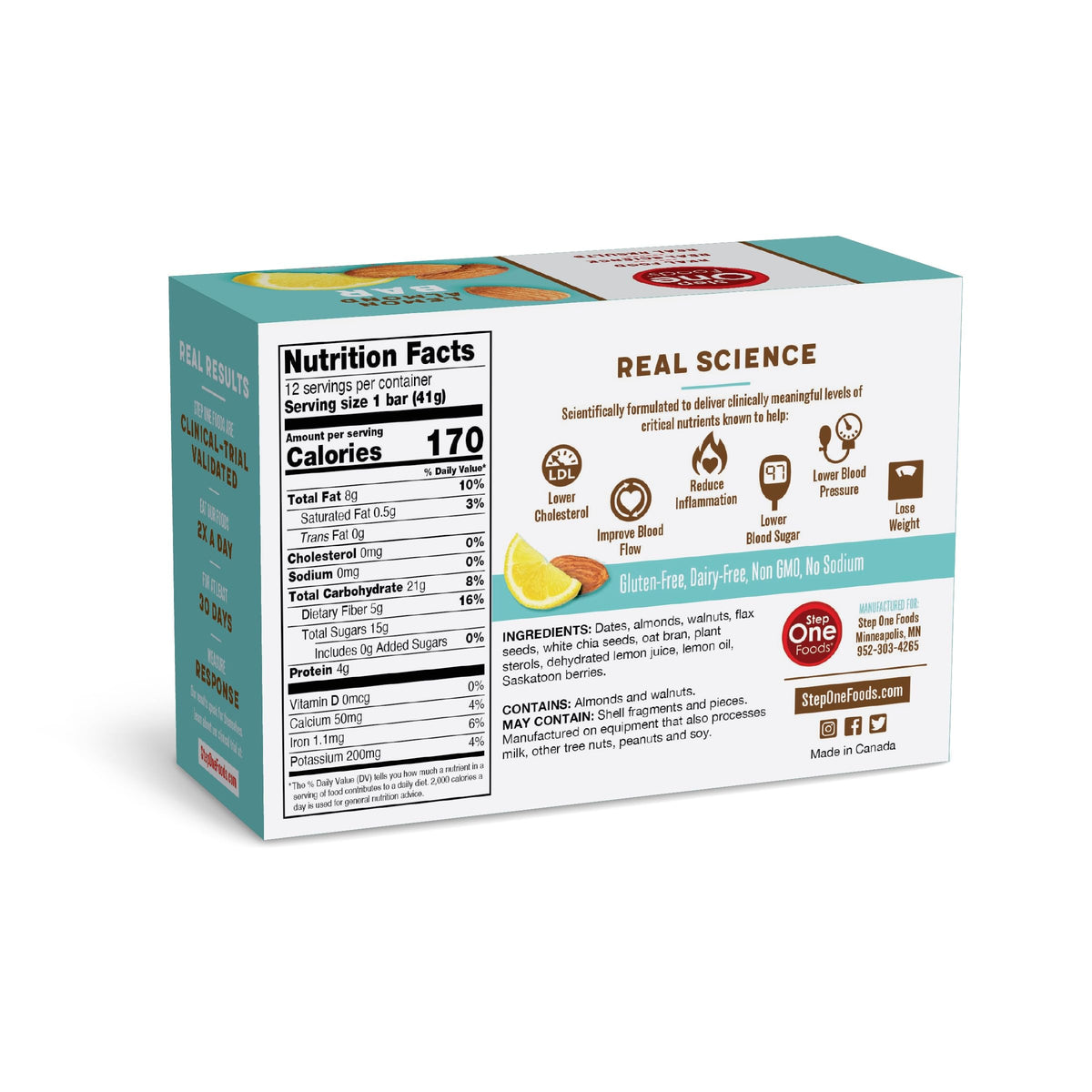 Step One Foods Lemon Almond Bar, Heart Healthy Snack Plant Sterols, Omega 3S High Fiber Snack Gluten & Dairy Free, Vegan, Zero Sodium, Granola Bars (12 Pack)