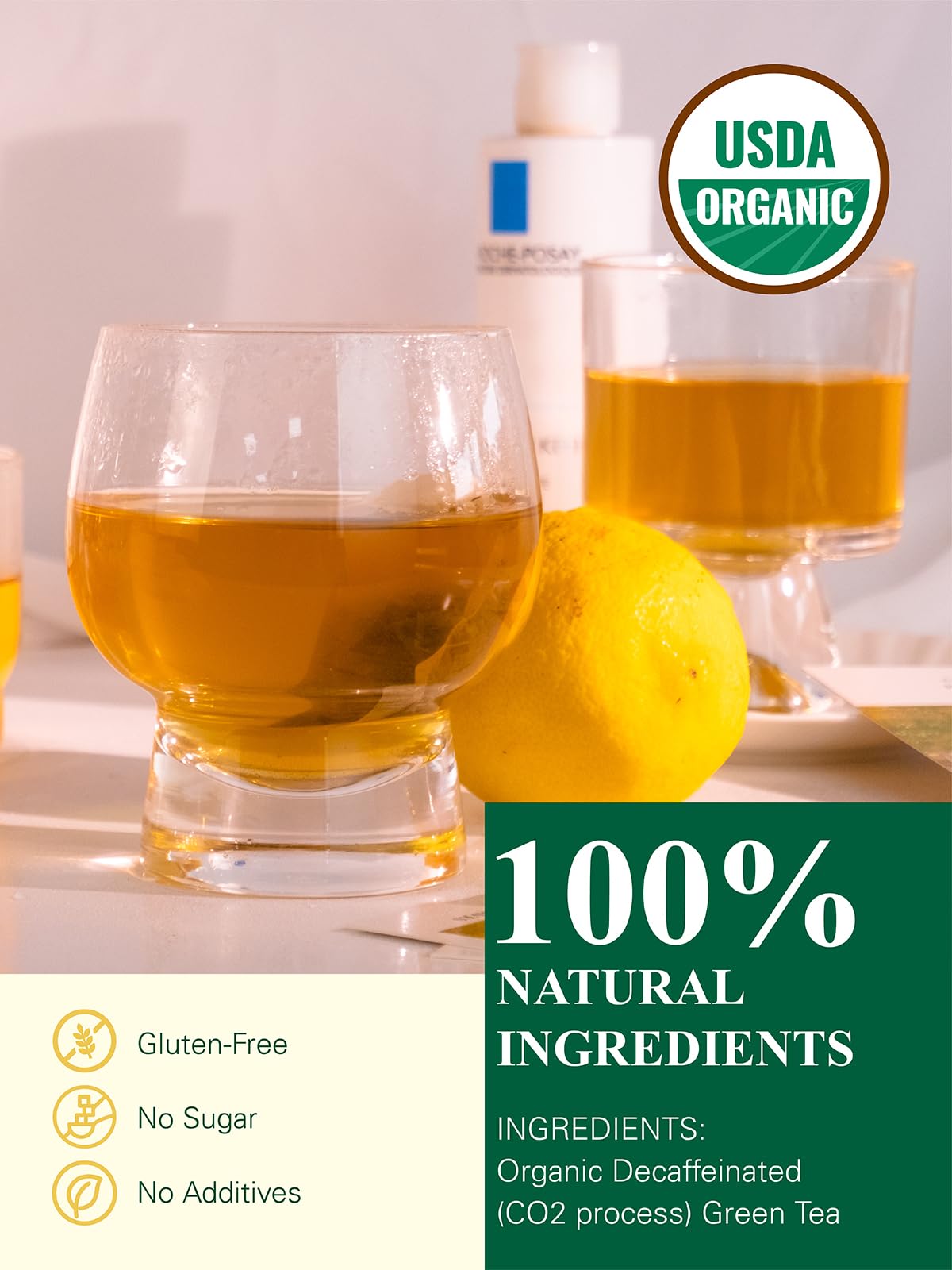 GLDNT Organic Decaf Green Tea Bags  Organic Green Tea Decaffeinated  Smooth Flavor  Super Antioxidant  Iced & Hot Tea  100 Count