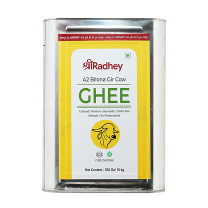 Shree Radhey A2 Bilona Gir Cow Ghee | 15 Kg | Traditional Bilona Method | Cultured | Pure | Natural | Gluten free | Keto Friendl