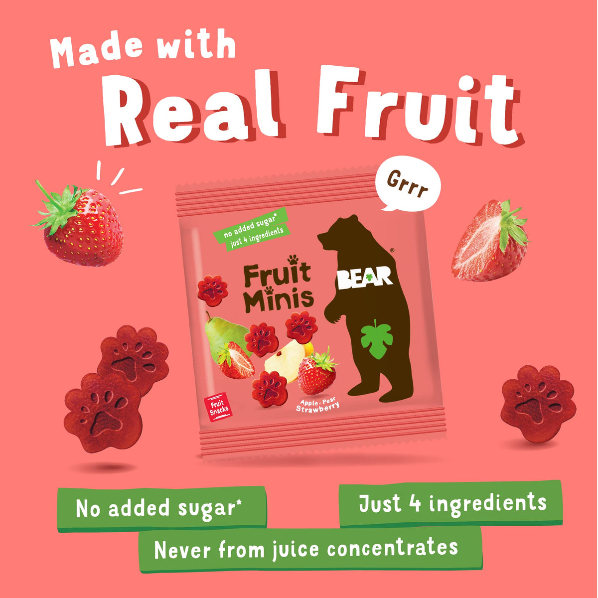 Bear Real Fruit Snack Minis, Strawberry - (Pack Of 18) - Bite Sized Snacks For Kids, Gluten Free, Vegan, Non Gmo, 0.7 Oz