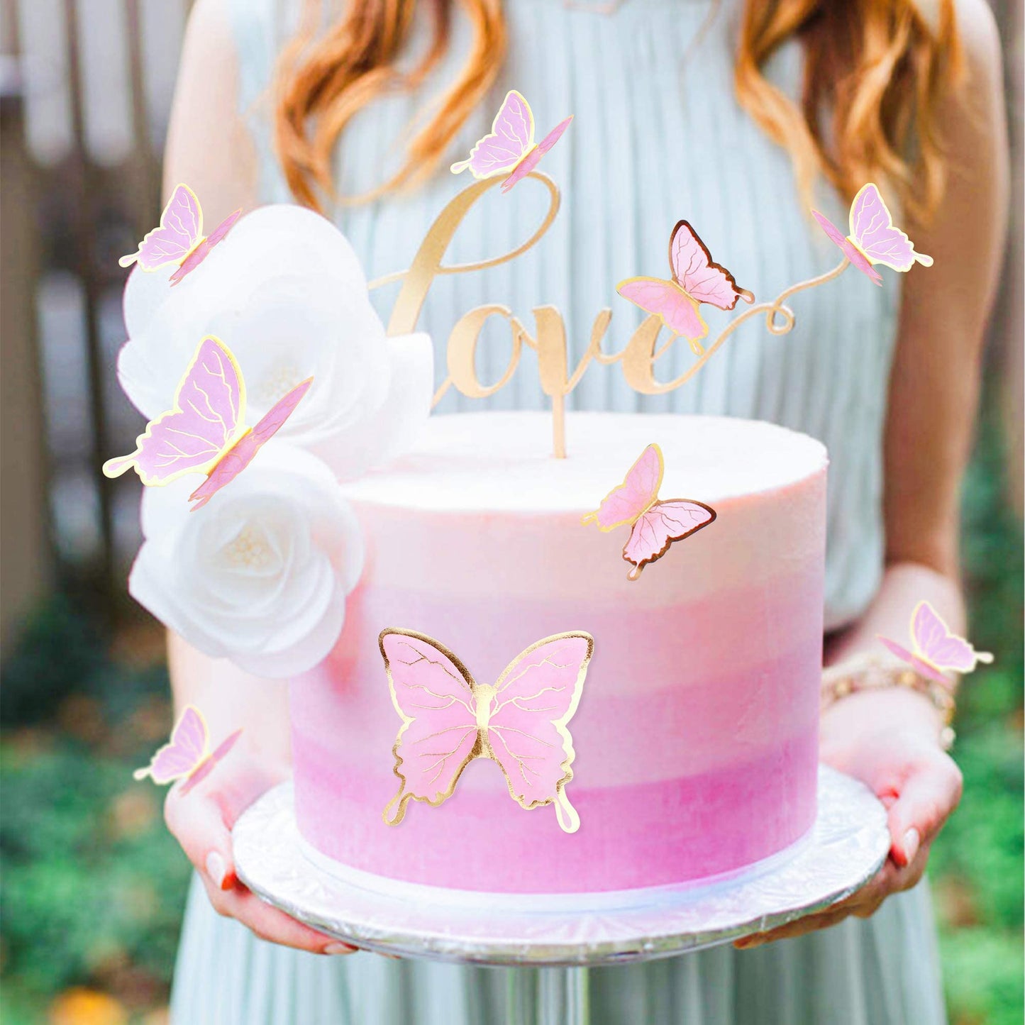 Cyodoos 30Pcs Pink Gold Edge Mixed Size Lively 3D Waterproof Swllowtail Butterfly Cupcake Topper For Girls Women'S Happy Birthda