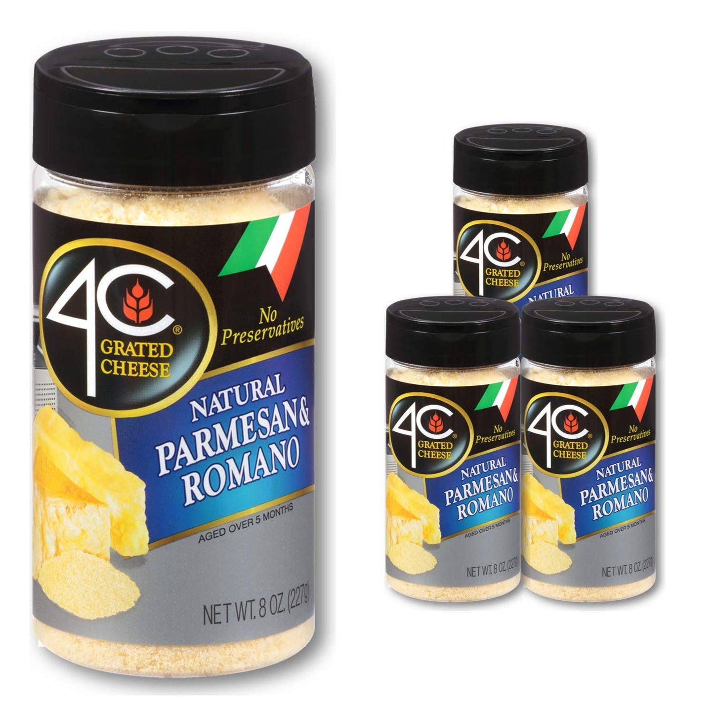 4C Top-Grade Grated Cheese Cannisters  All Natural  No Preservatives  Perfect For Italian Pastas  Lasagnas  Popcorn And More (Parmesan Romano  3 Pack)