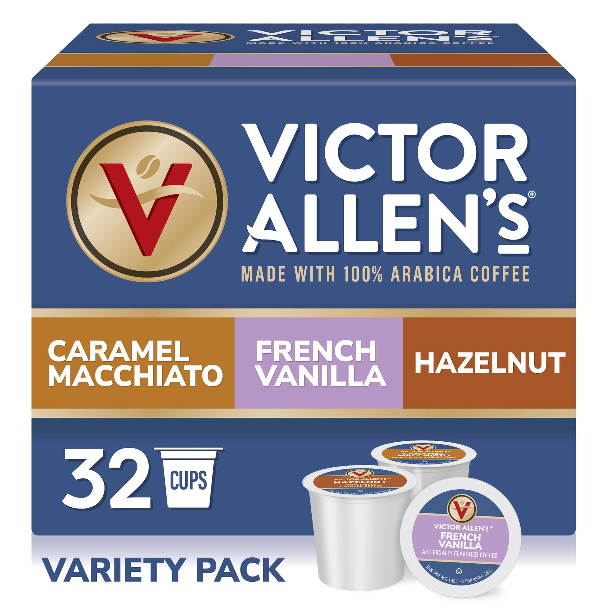 Victor Allens Coffee Variety Pack, 32 Count Single Serve Pods, French Vanilla, Caramel Macchiato, Hazelnut, Compatible with Keurig K-Cup Brewers