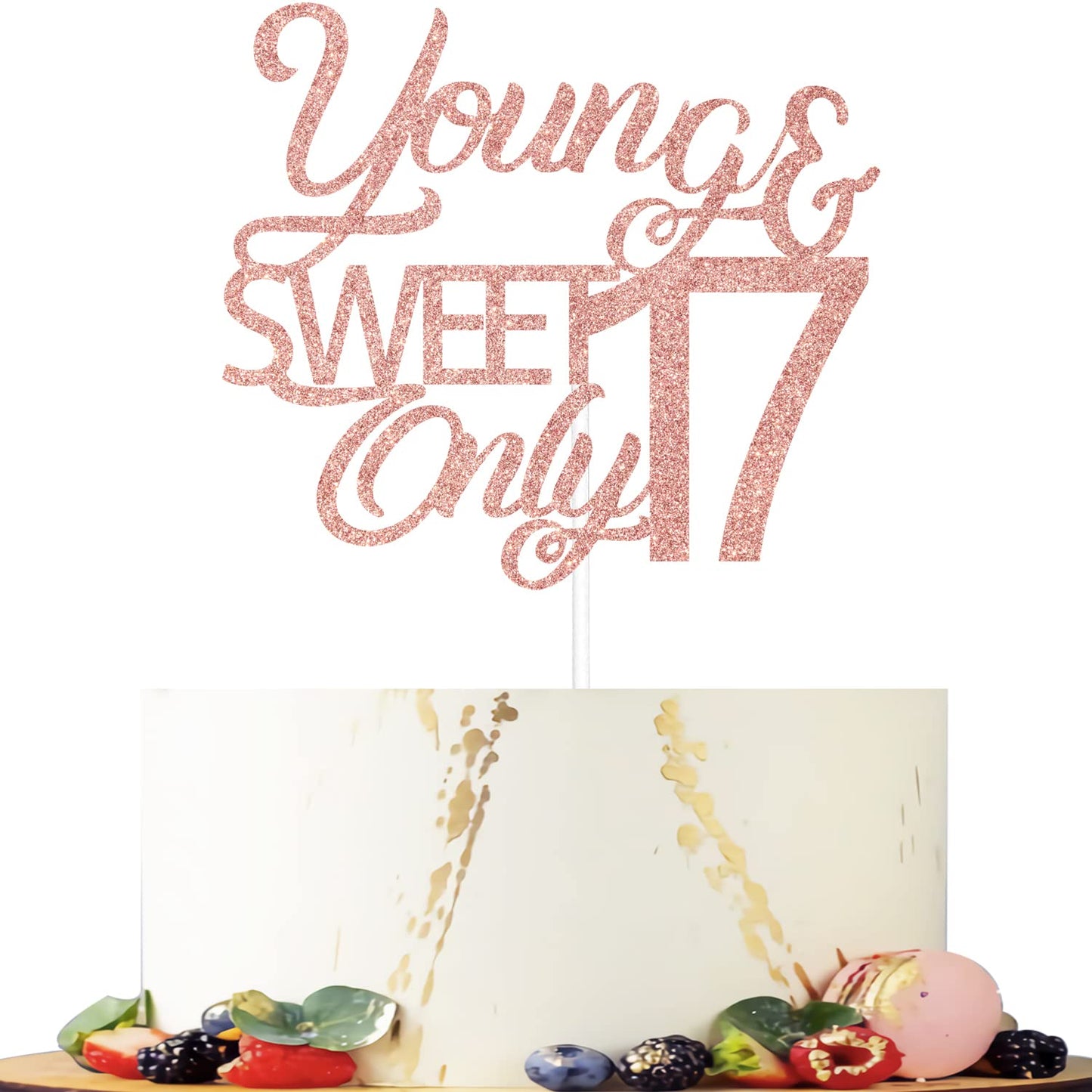 Young And Sweet Only 17 Cake Topper, Happy 17Th Birthday, Cheers To 17 Years Old Cake Decor, 17Th Birthday/Anniversary Party Dec