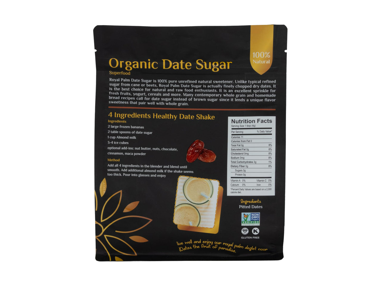 Royal Palm Organic Date Sugar | enhanced Natural Sweetener | Ideal Baking Sugar Substitute | High-Fiber Vegan & Paleo Alternative | Gluten-Free & Kosher | Non-GMO | 16oz Pack
