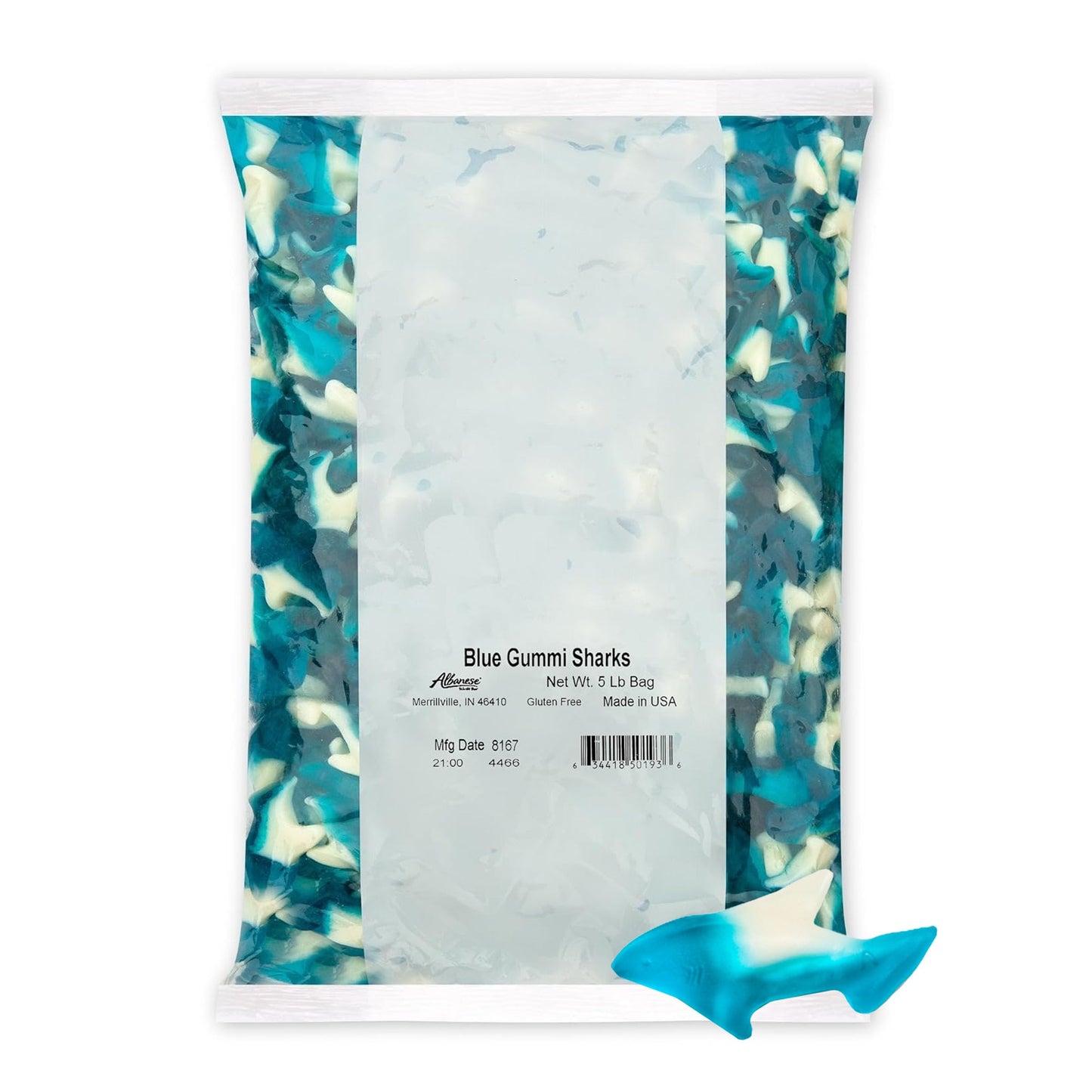Albanese Worlds Best Blue Gummi Sharks | 5lbs of Candy | Gluten Free, Fat Free, Soft and Chewy Gummy |   Pop Flavor: Cherry, Lemon-Lime, Blue Raspberry | Perfect for Themed Kids Parties