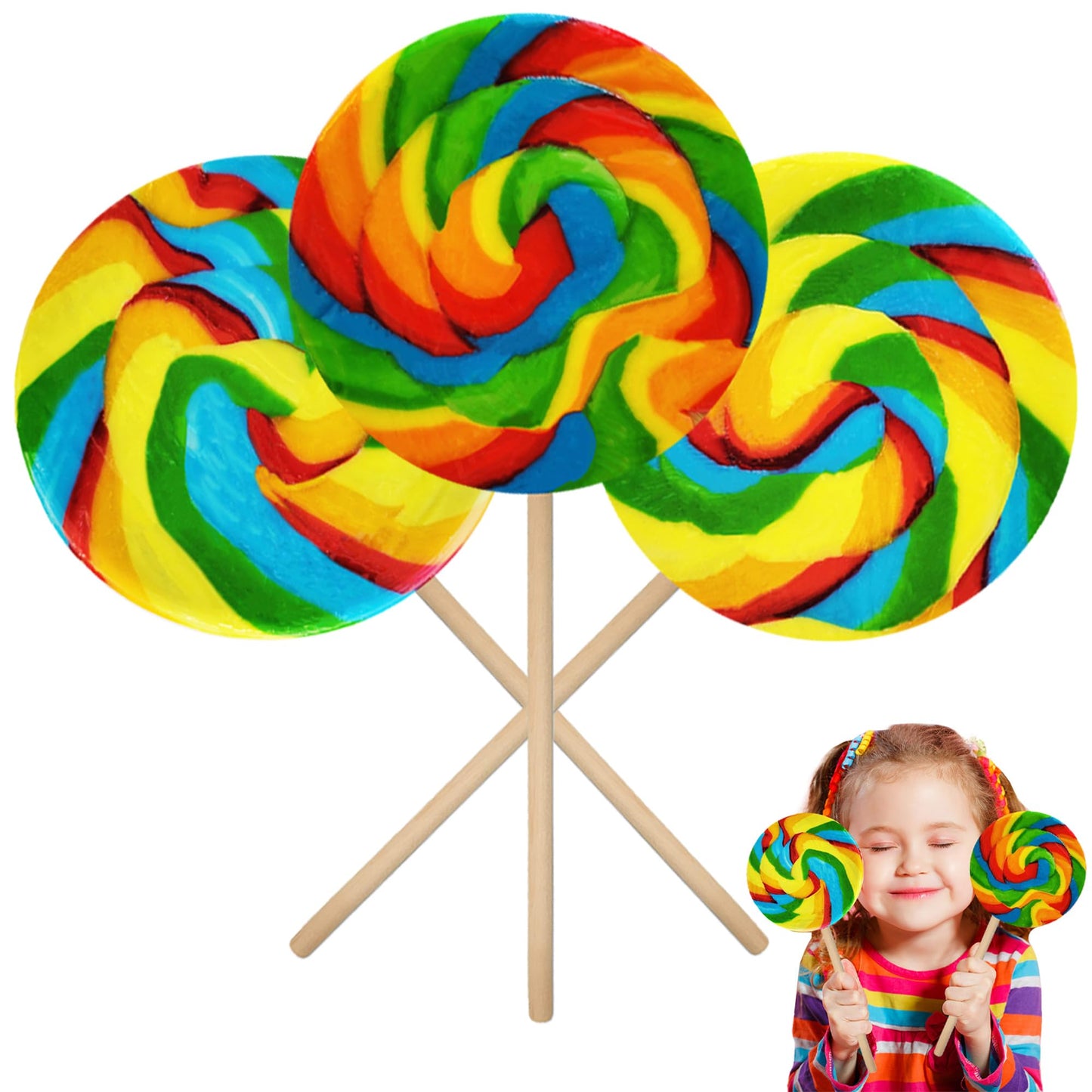 Fruidles Jumbo Rainbow Swirl Lollipop - 4 Inch, Individually Wrapped Sucker, Pack of 3