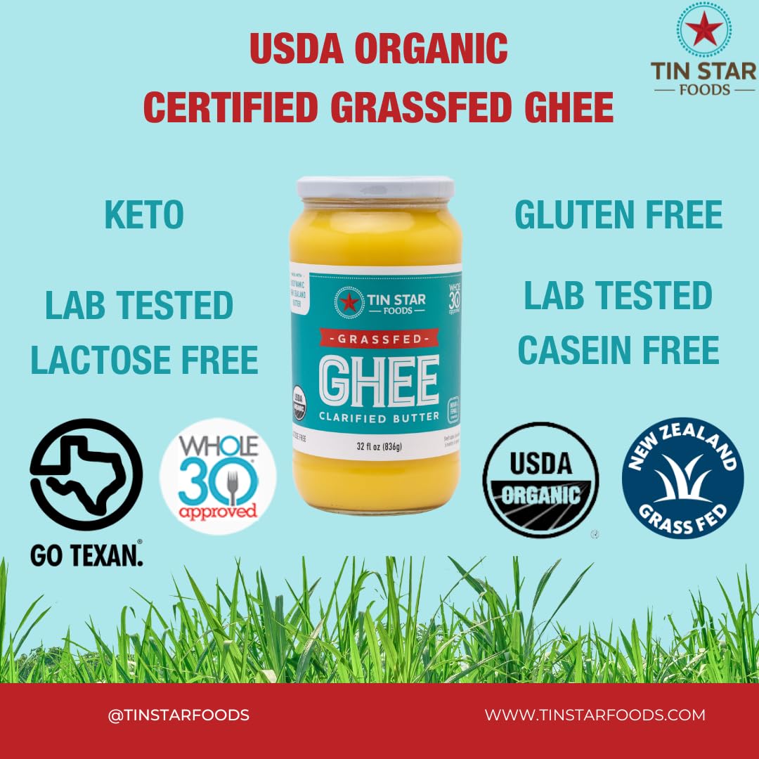 Tin Star Foods Grassfed Organic Ghee -365 Pasture Grazed, Hand Crafted Clarified Butter - Keto, Whole 30 And 21 Day Detox Approv