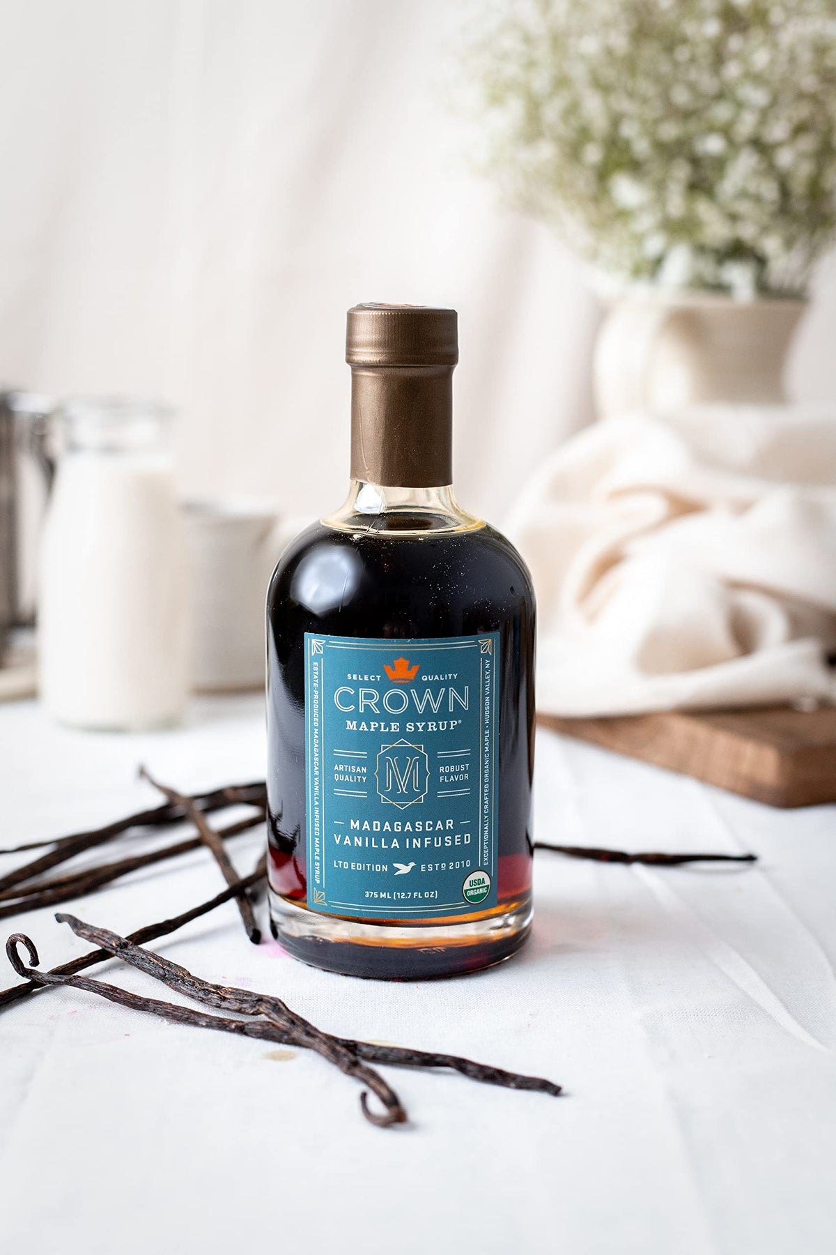 Crown Maple Madagascar Vanilla Infused Organic Maple Syrup, 12.7 Fl Oz - Real Vanilla Bean for Pancakes, Baking, Cocktails & Brunch