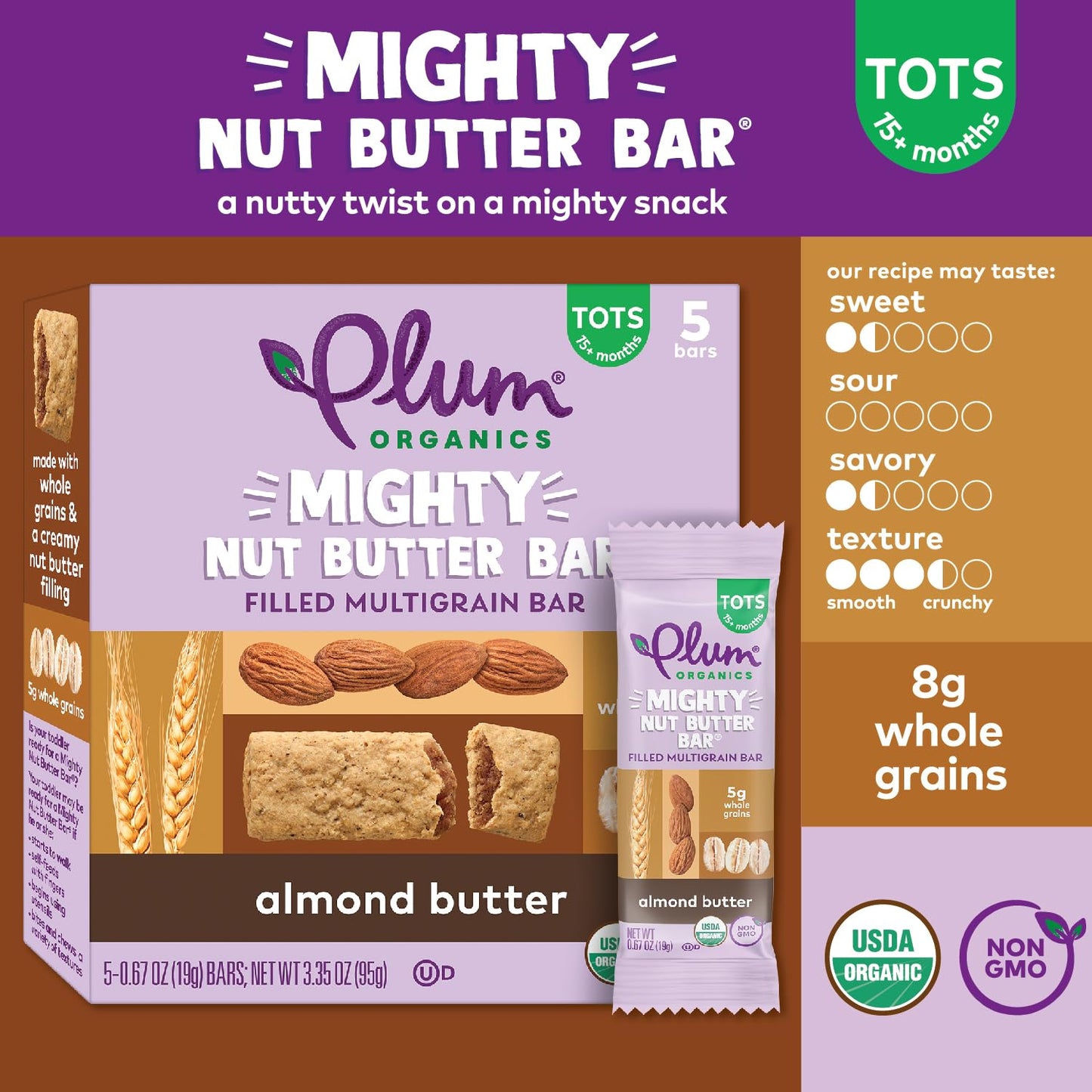 Plum Organics Mighty Nut Butter Bars - Almond Butter - 0.67 Oz Bars (Pack Of 5) - Organic Toddler Food Multigrain Snack Bars