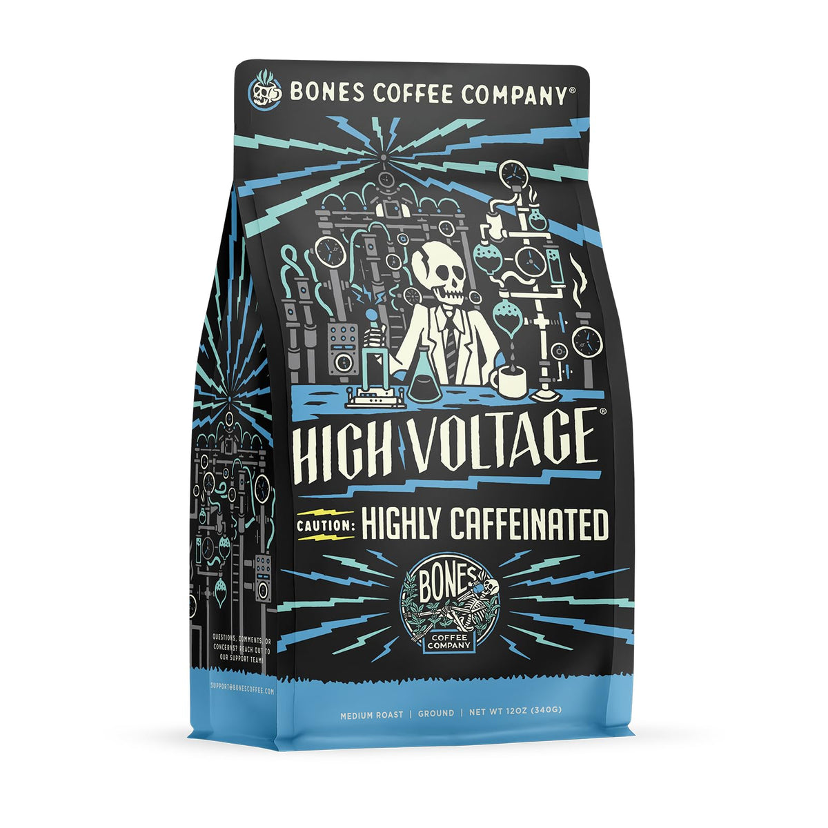 Bones Coffee Company High Voltage Ground Coffee Beans Highly Caffeinated, Low Acid Flavored Coffee, Made With Arabica Coffee Bea