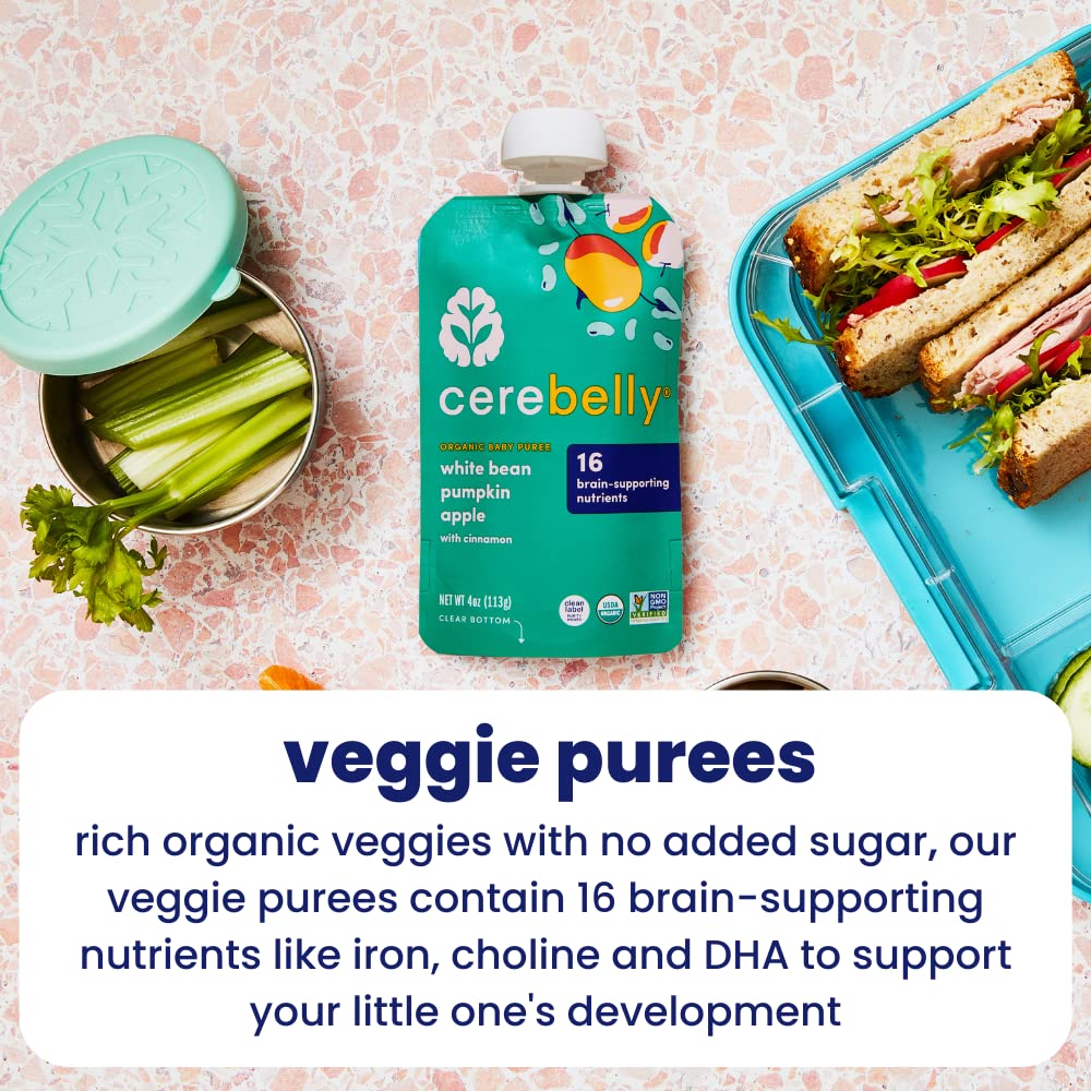 Cerebelly Organic Baby Food Pouches, Broccoli Pear Purees, 16 Nutrients, No Added Sugar, Fiber & Non-Gmo, 4Oz, 12 Pack