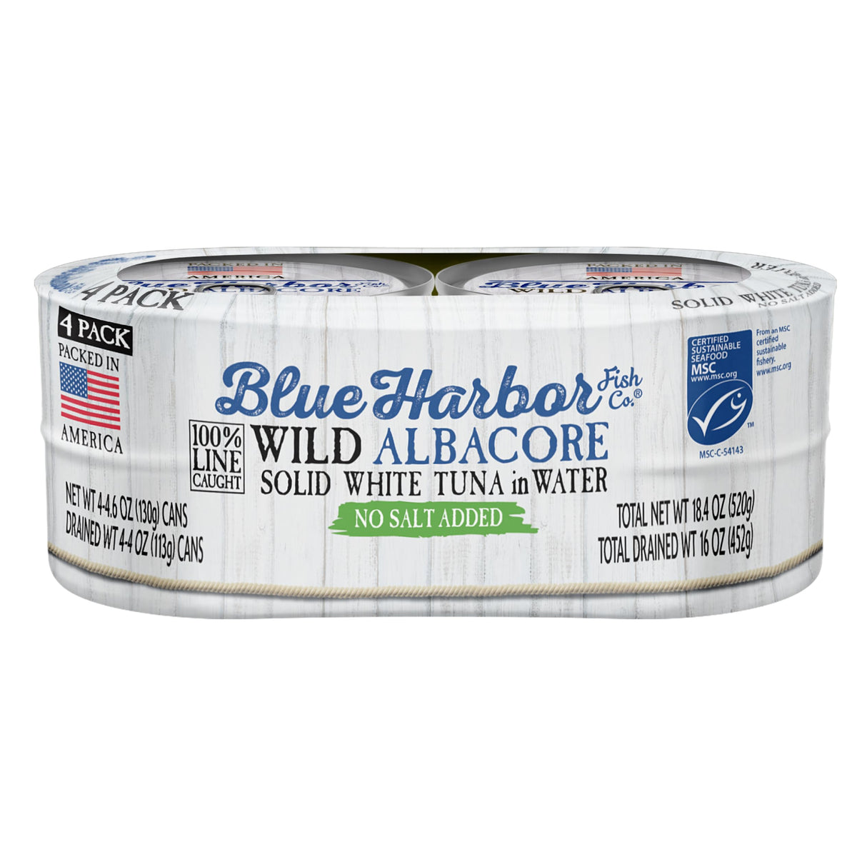 Blue Harbor Fish Co. Wild Albacore Tuna in Water, No Salt Added, 4.6 oz Can, Pack of 4
