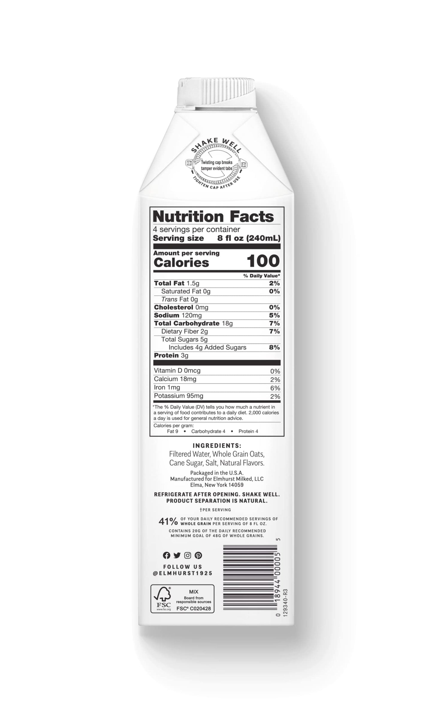 Elmhurst 1925 Sweetened Oat Milk - 32 Ounce (Pack of 6) Dairy-Free, Vegan, Kosher, Gluten-Free, Shelf Stable Plant Based Milk Ma