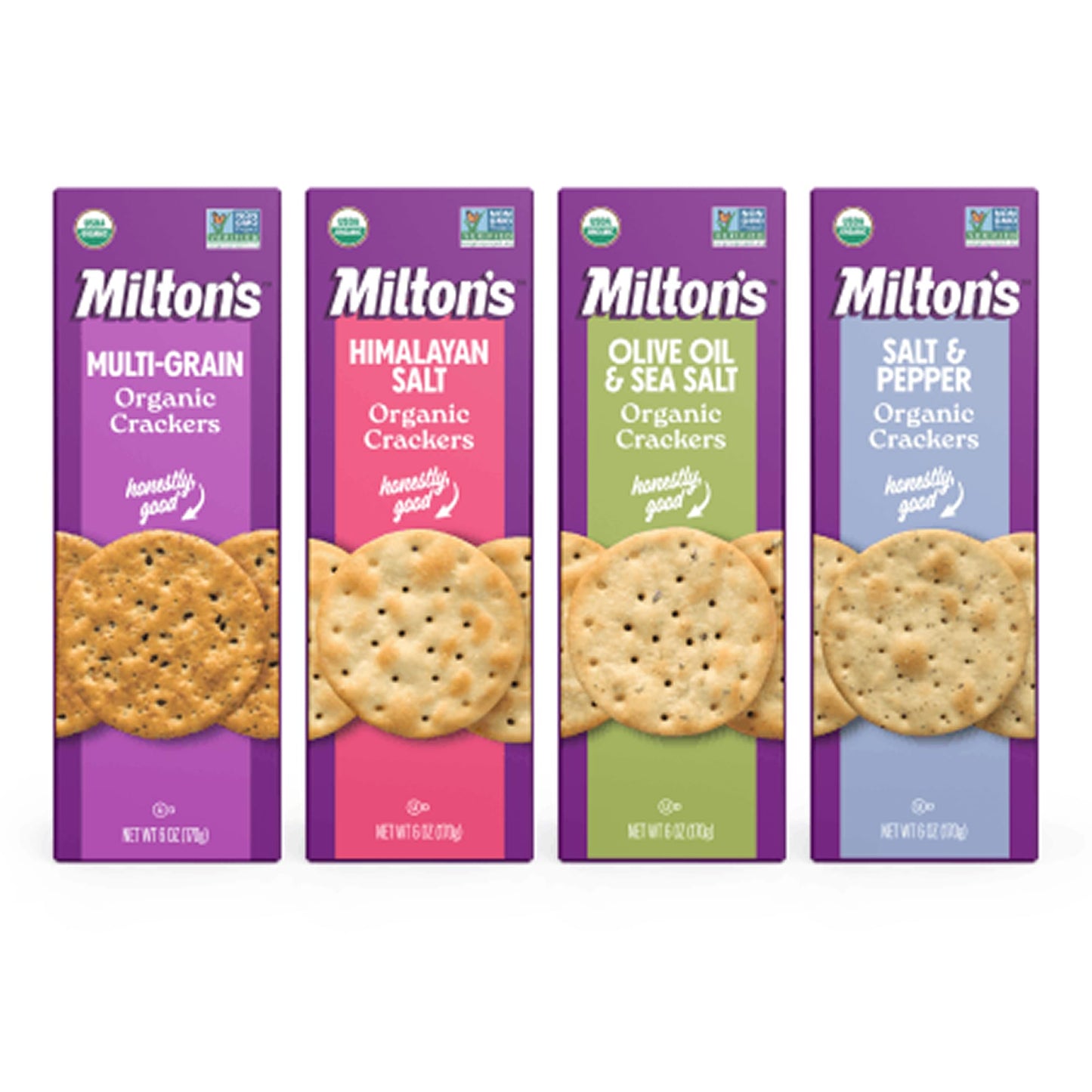 Miltons Organic Crackers Variety Bundle - Multi-Grain, Olive Oil & Sea Salt, Himalayan, Salt & Pepper - 6 Oz, Pack of 4