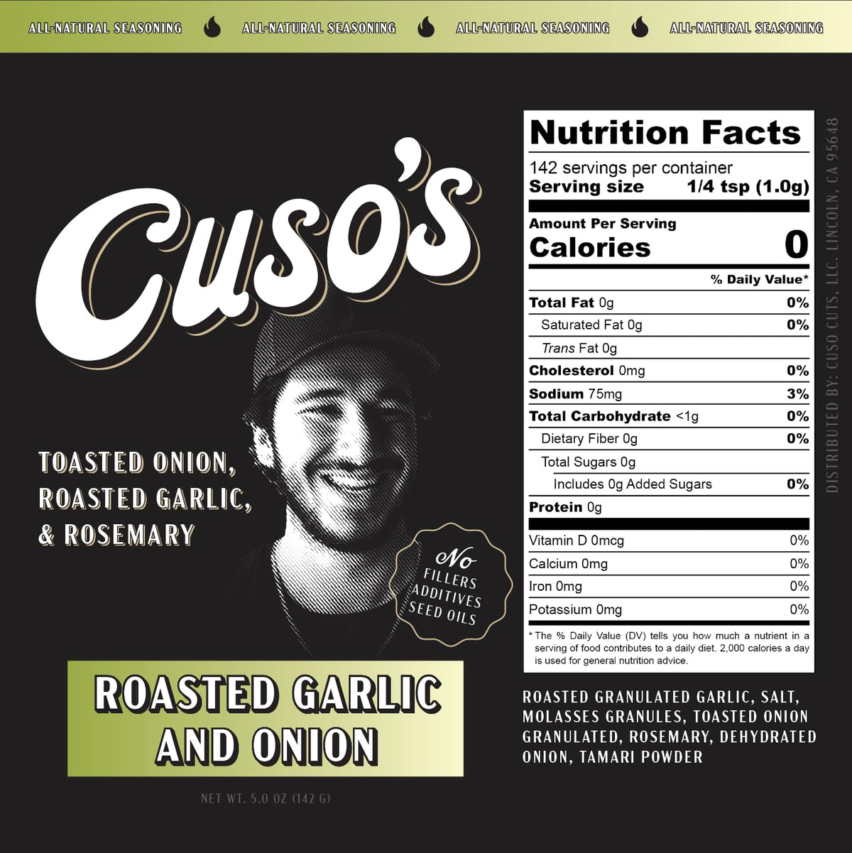 Cuso Cuts Roasted Garlic & Onion BBQ Seasoning Rub - All Natural Ingredients - 5 Ounce Pack