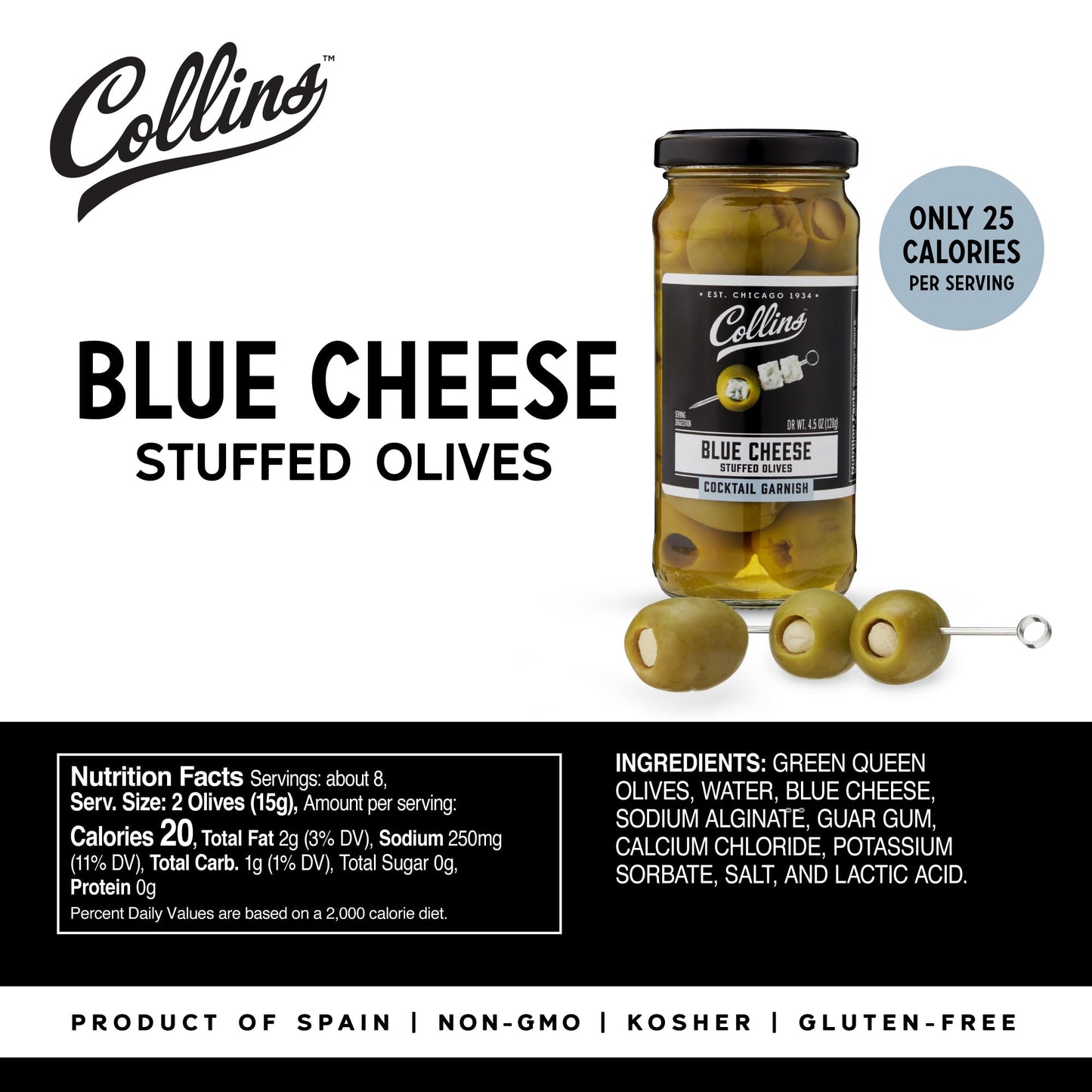 Collins Gourmet Blue Cheese Olives, Stuffed Cheese Garnish, 4.5 Oz, Glass Jar, Black Lid, Model O270