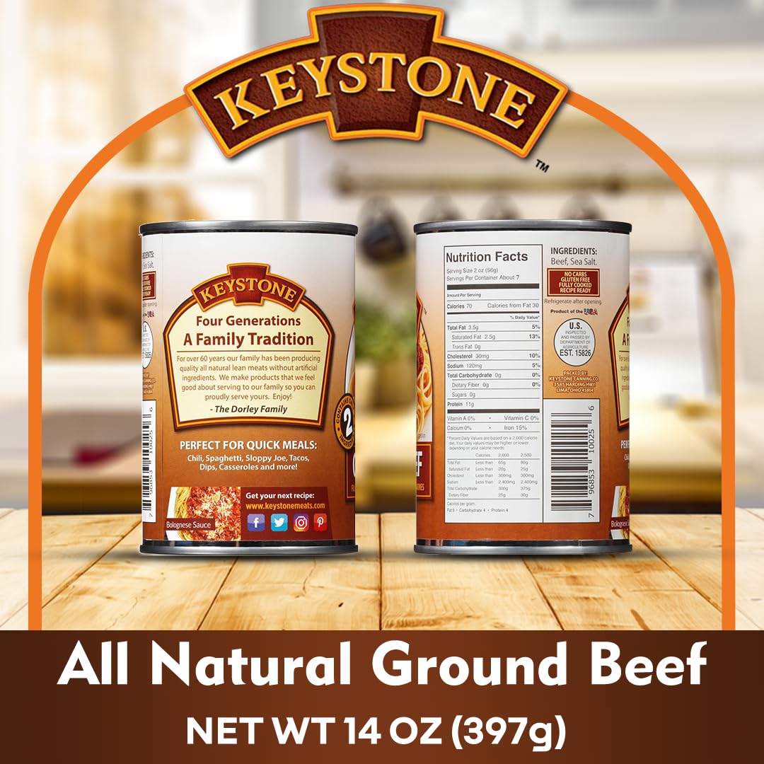 Keystone Meats All Natural Heat and Serve Ground Beef 14 oz - Fully Cooked Canned Meat - Ready to Eat - 5-Year Shelf Life - Pant