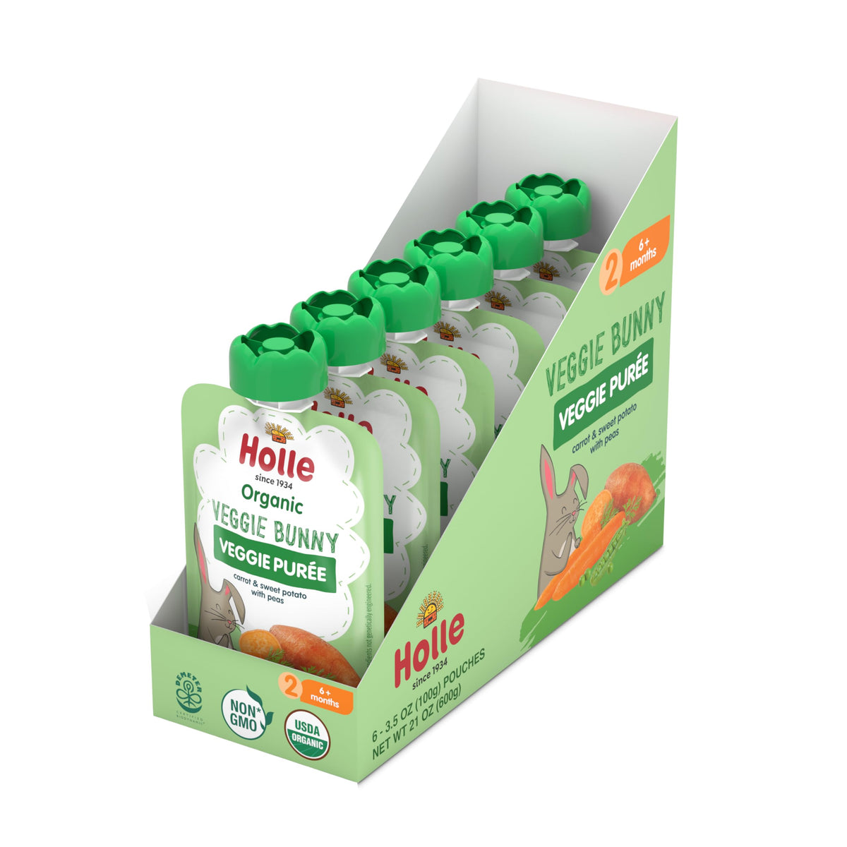 Holle Organic Baby Food Pouches - Veggie Bunny Baby Puree With Carrots, Peas And Sweet Potato - (6 Pack) Organic Baby Snacks + F