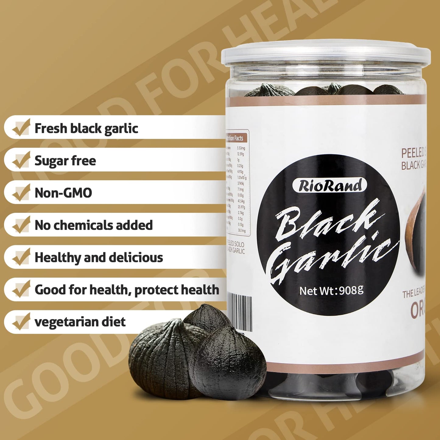 RioRand Black Garlic 908g / 2 Pounds Whole Peeled Black Garlic Aged for Full 90 Days Black Garlic Jar Equal to 4lbs of Whole Bla
