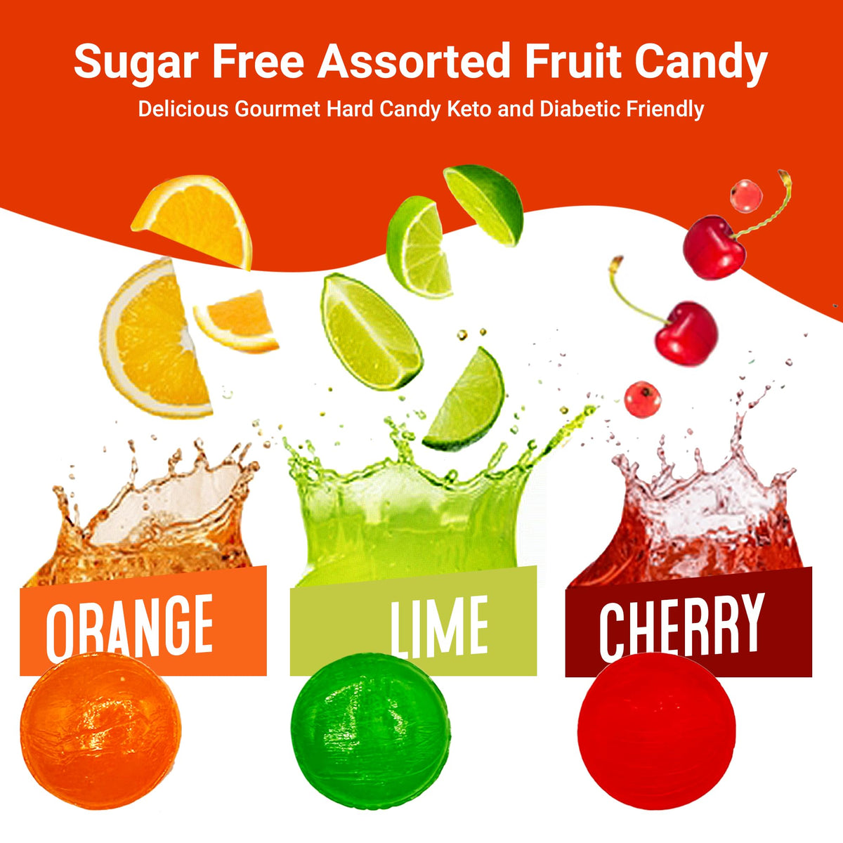Arcor Sugar  Free Assorted  Fruit  Flavor Hard Candy  - 1  lb Bulk Bag (Approx 75 Count) - Cherry, Lime, Orange Individually Wra