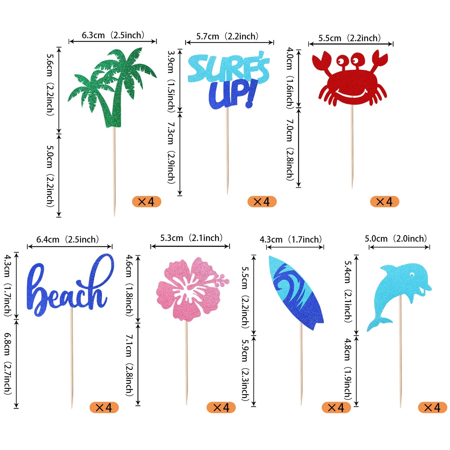 Rssta i Cupcake Toppers 28 PCS Glitter Surfs Up Surfboard Picks 2.1x4.4 Paper Design 1 for Beach Theme Parties