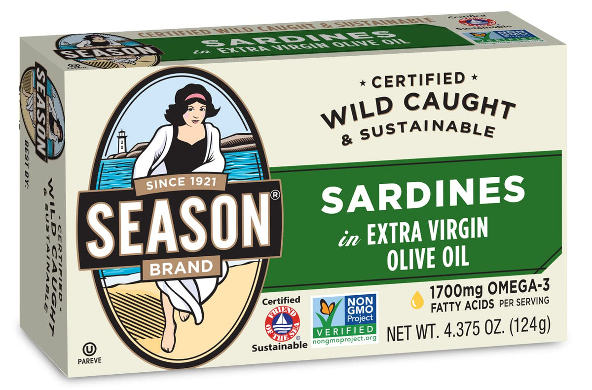 Season Sardines in Extra Virgin Olive Oil - Wild Caught, 22g of Protein, Keto Snacks, More Omega 3's Than Tuna, Kosher, High in 
