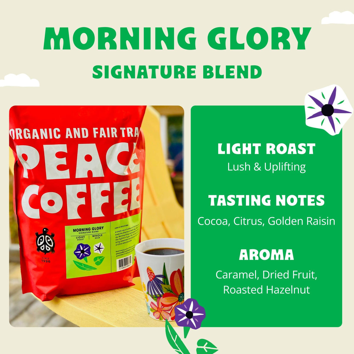 Peace Coffee Morning Glory Signature Blend | 5 Lb Whole Bean Light Roast | Organic Fair Trade | Smooth, Mild Flavor | Shade Grow