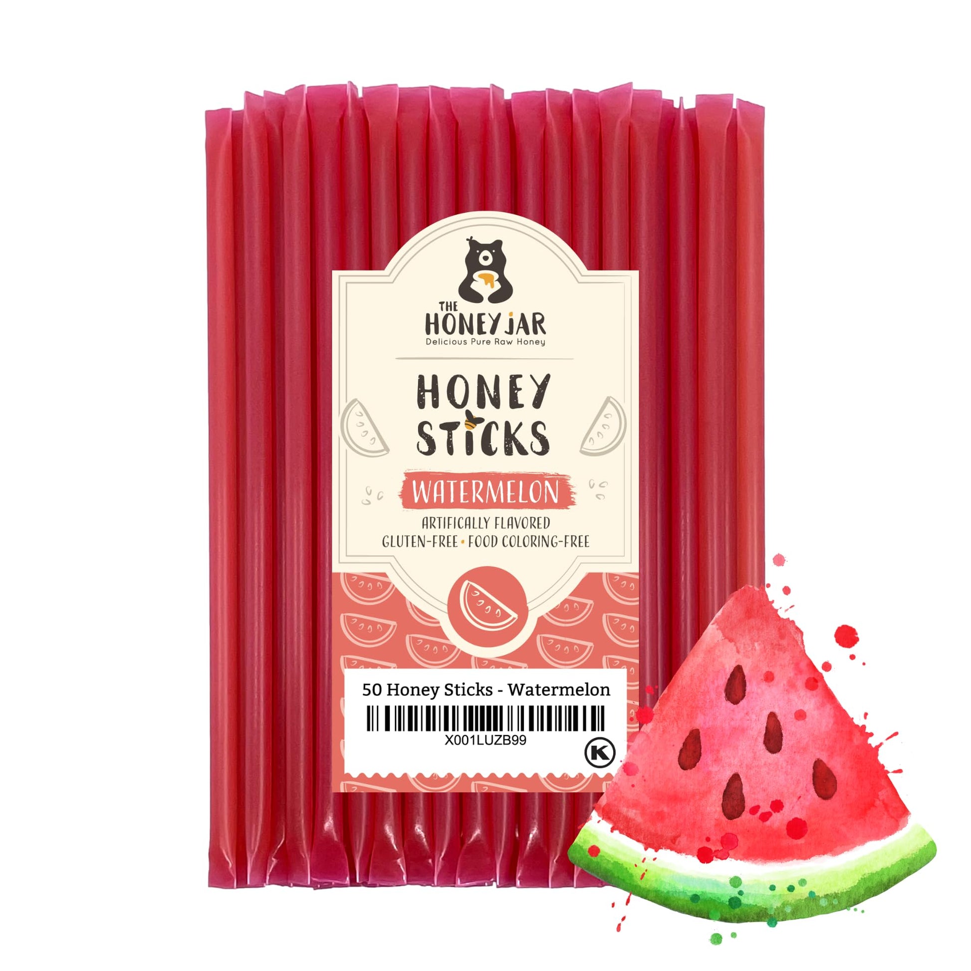 The Honey Jar Watermelon Flavored Raw Honey Sticks - 50 Count - Pure Honey Straws for Tea and Coffee