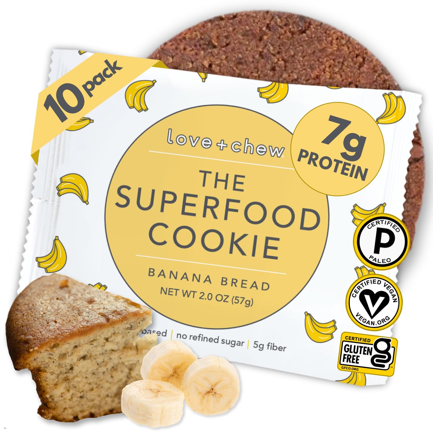 Love + Chew Tasty, Gluten Free Cookies - Banana Bread 10 Count - Vegan - Healthy, Paleo, Non GMO Snacks - Individually Wrapped, 