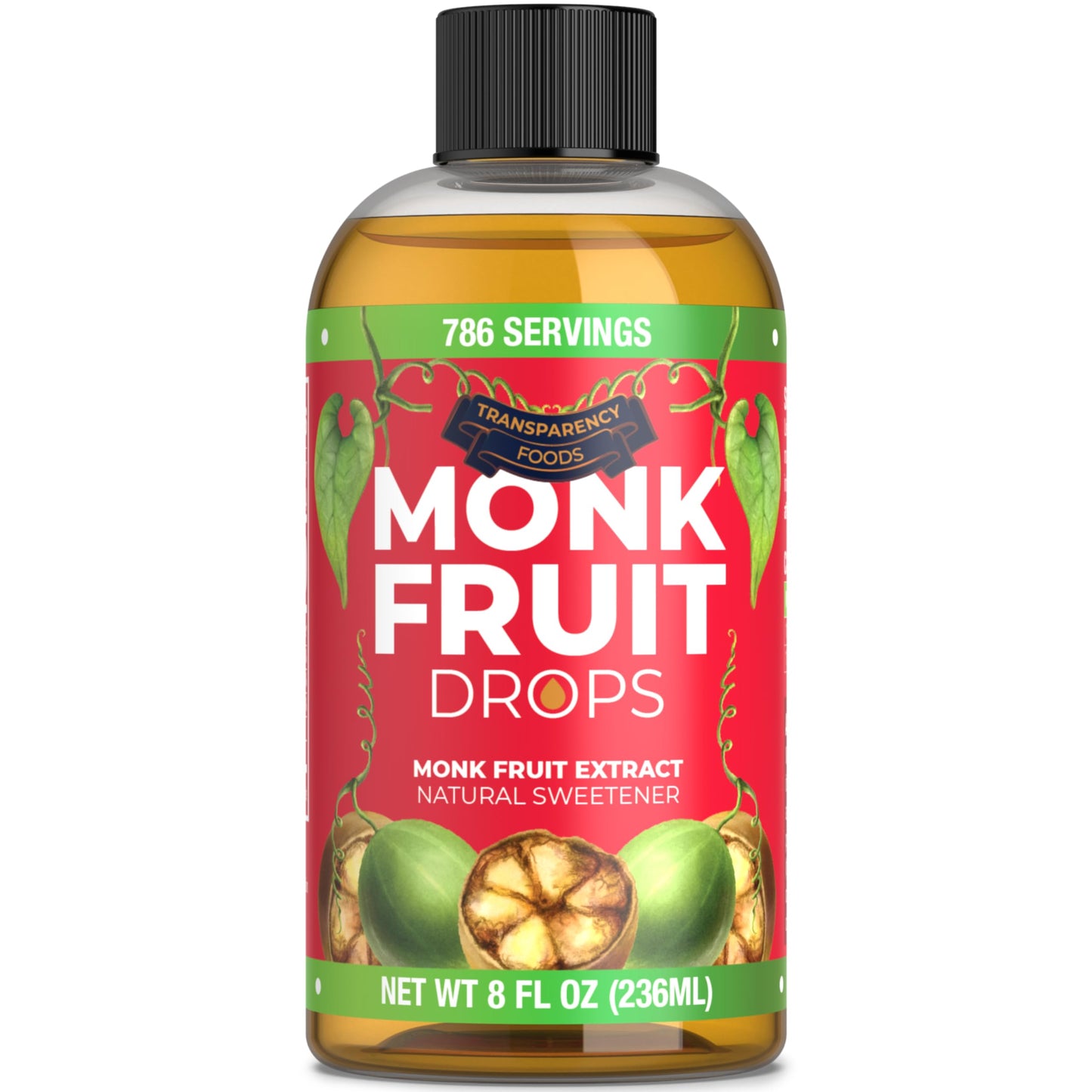 100% Pure Monk Fruit Extract (6 Drops = 1 Tsp of Sugar) Zero Calories  Non-GMO  No Fillers - Liquid Monk Fruit Sweetener No Erythritol by Transparency Foods NEW FORMULA (8oz  786 servings)