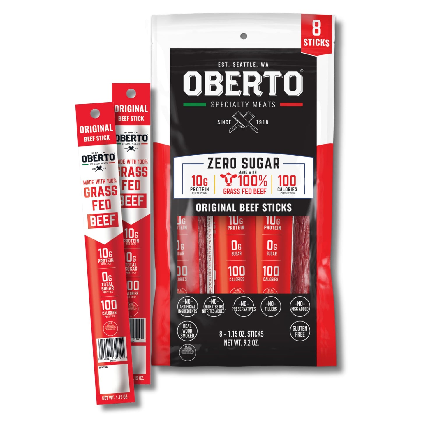 Oberto Grass Fed Beef Sticks - Original  Zero Sugar  No Artificial Ingredients  High Protein  Gluten Free  Wood Smoked  enhanced Grass Fed Meat Sticks  High Protein Snacks  1.15 Ounce (Pack of 8)