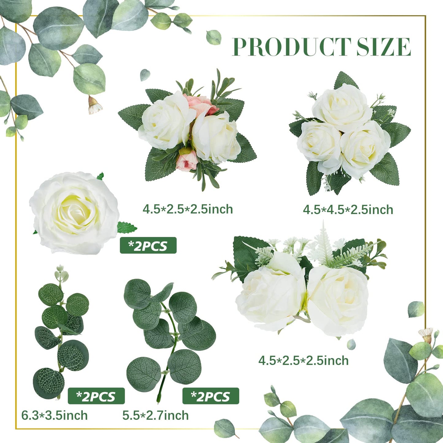 Taiyin Flower Cake Topper Set, 9 Pcs Eucalyptus Floral Decorations for Weddings and Birthdays, White, PVC Material