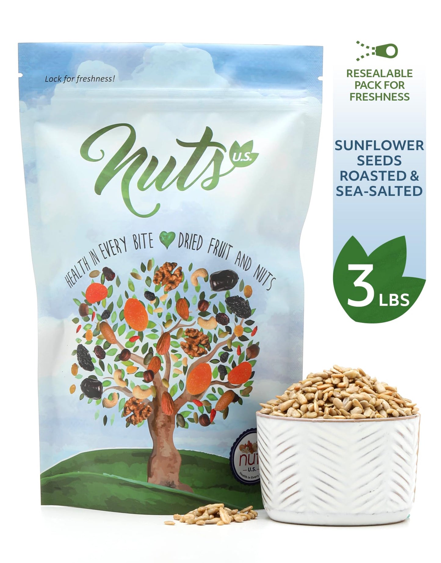 NUTS U.S. Sunflower Seeds, Roasted & Sea-Salted, No Added Colors, 3 LB Resealable Bag