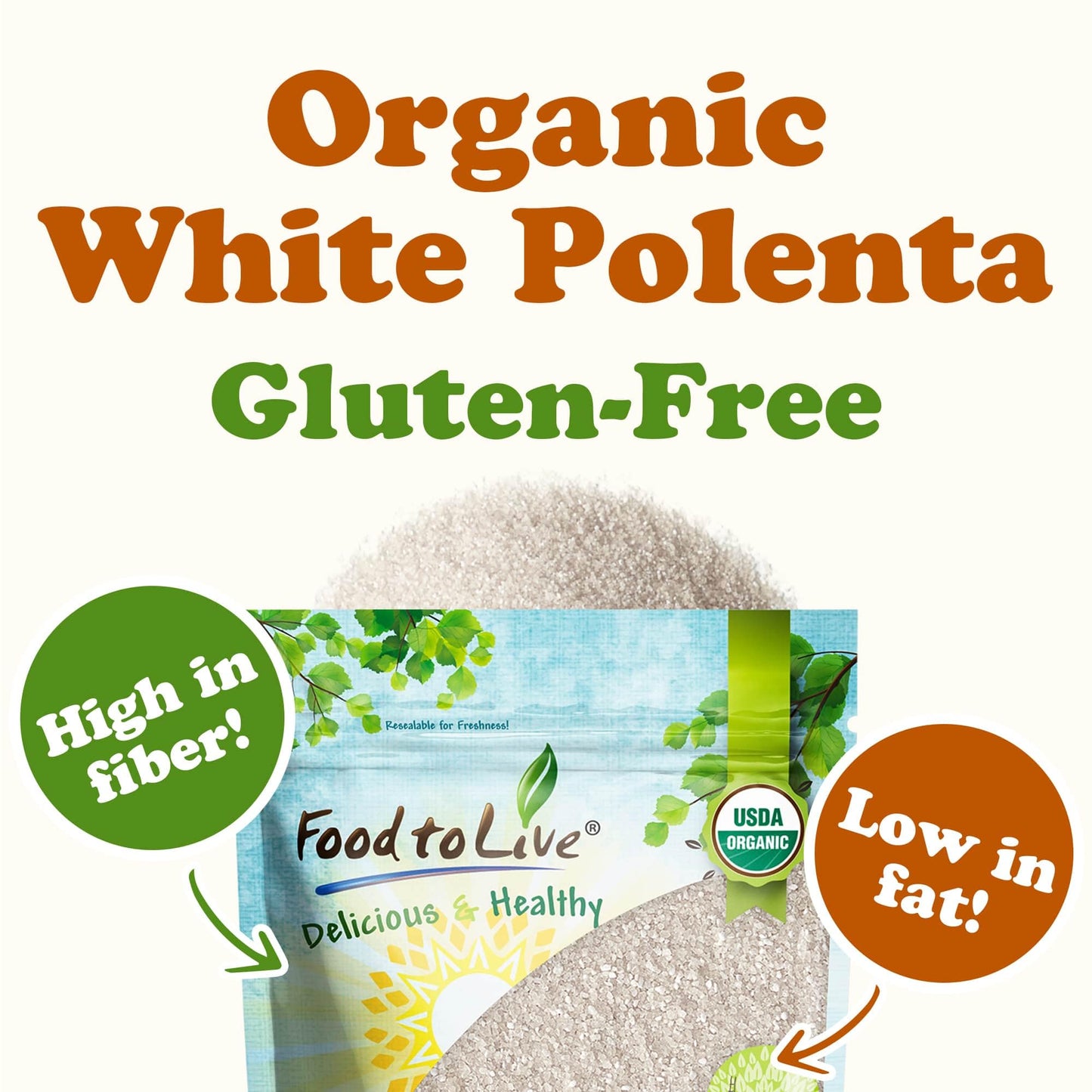 Food To Live - Gluten Free Organic White Polenta, 20 Pounds - Classic Non-Gmo Cornmeal. Vegan, Kosher Corn Grits. Great For Hot