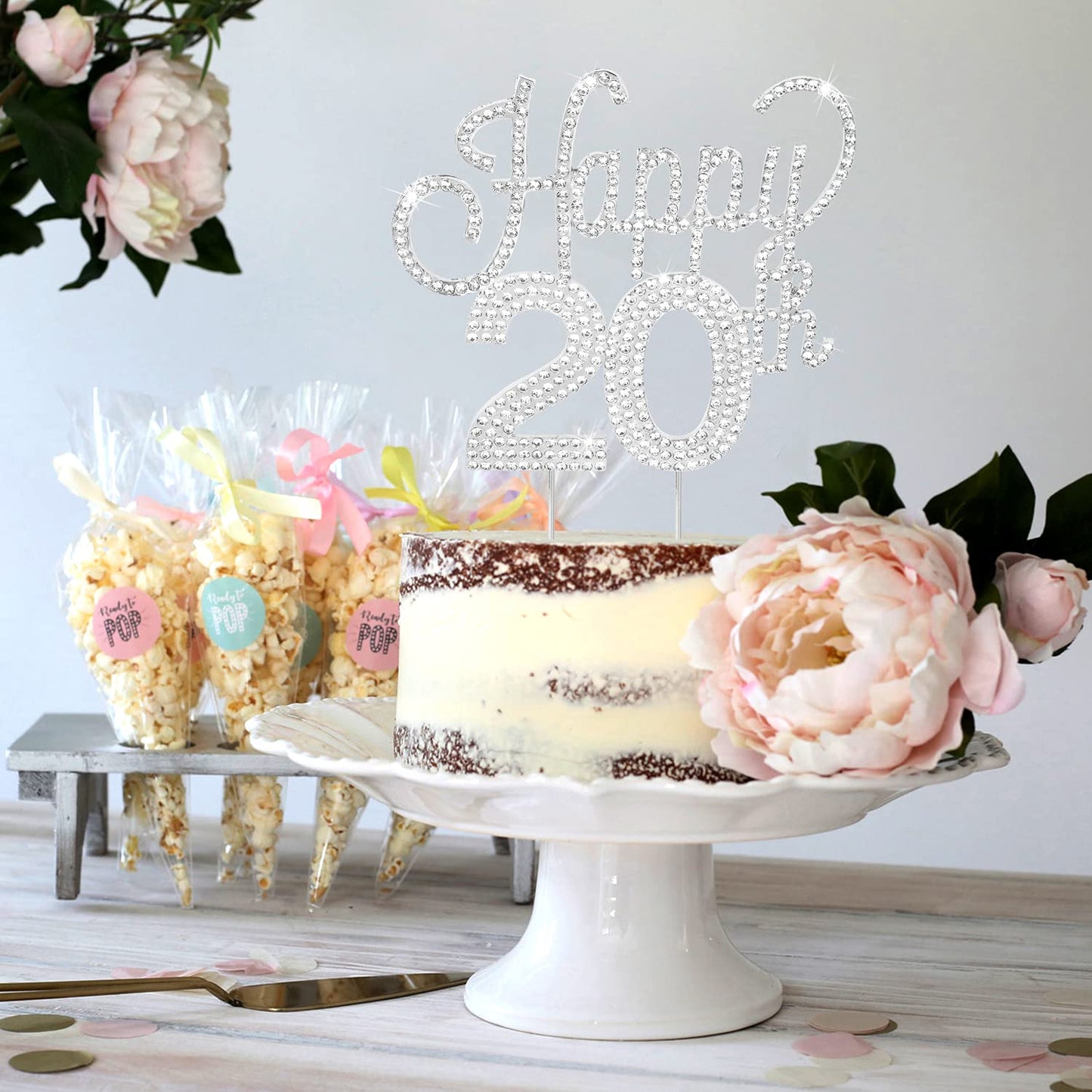 Lingteer Happy 20Th Birthday Silver Rhinestone Cake Topper - Cheers To 20Th Birthday Twenty Years Old Party Cake Centerpieces To