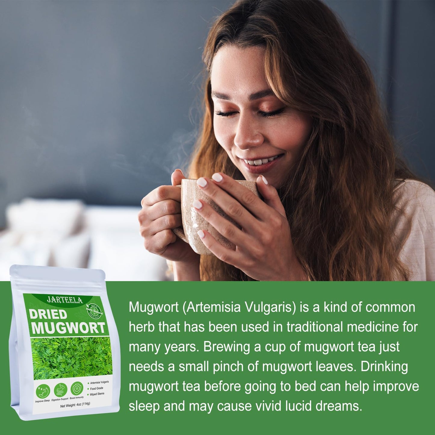 Jarteela Premium Dried Mugwort Herbs - Natural Loose Leaf Tea - 4oz Non-GMO Caffeine-Free