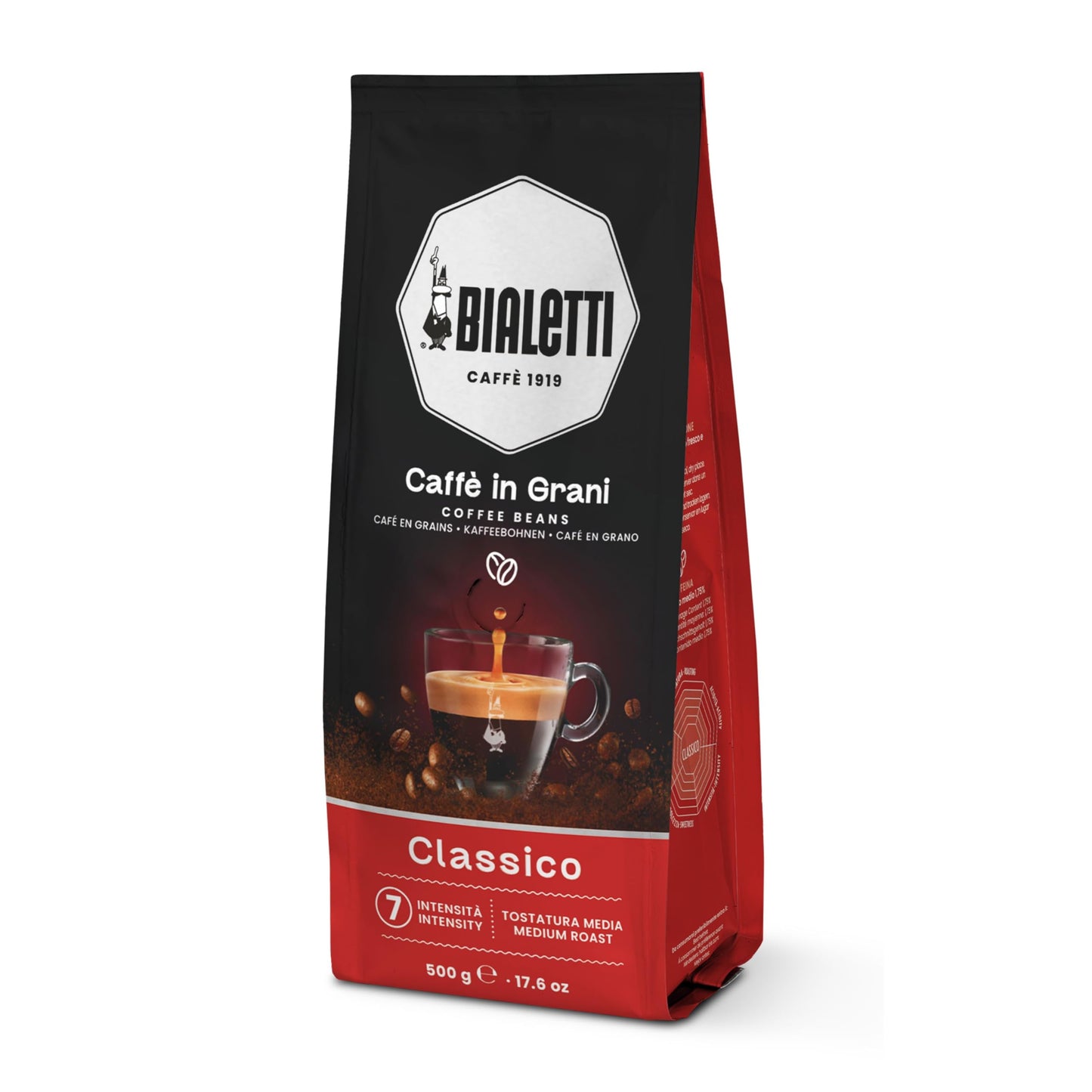 Bialetti Classico Coffee Beans, 500G Bag - Medium Roast Intensity 8, 50% Arabica 50% Robusta Whole Bean Blend - Sweet Floral & Dried Fruit Notes For Espresso, Cappuccino & Latte Machines & Moka Pots
