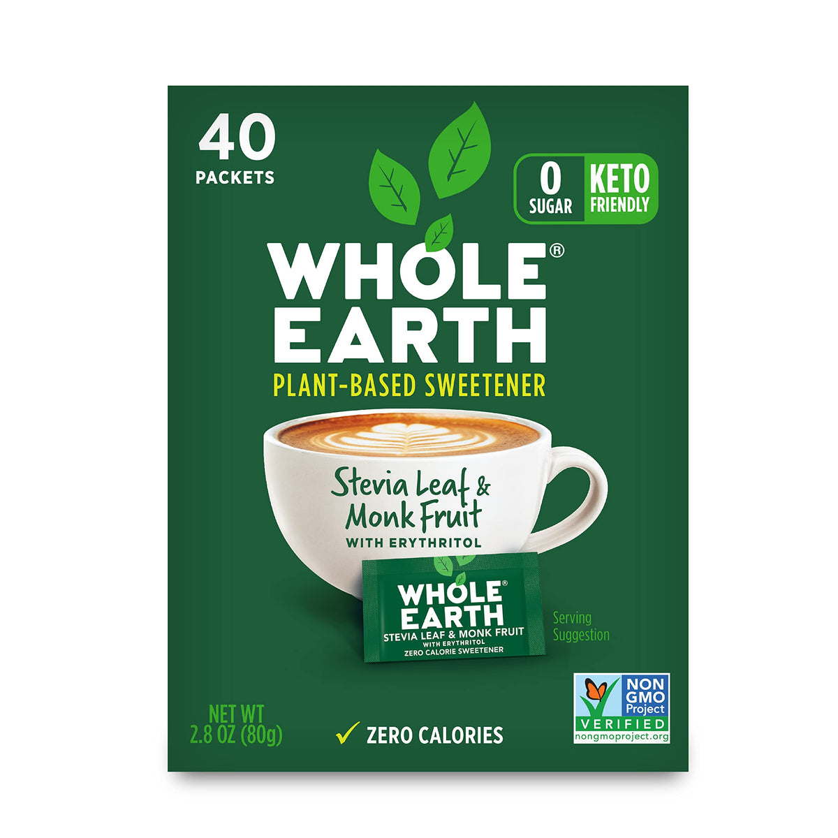 Whole Earth Stevia & Monk Fruit Sweetener, Erythritol, 40 Pack, 2 Ounce