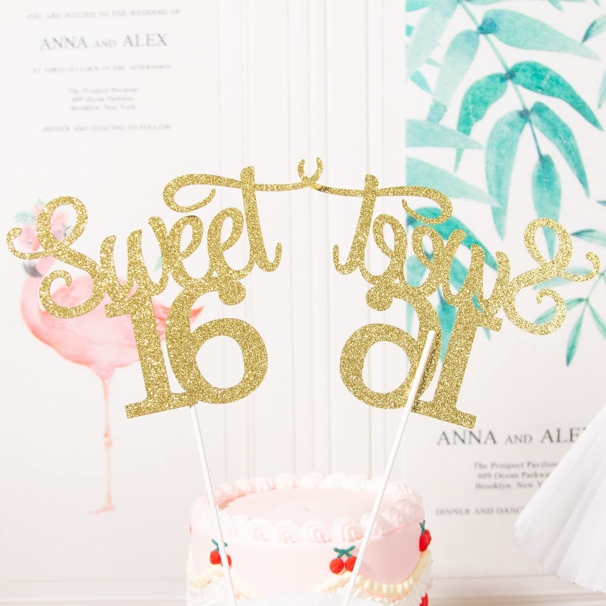 Gexolenu Gold Glitter Sweet 16 Cake Topper, 1 Pcs, Anniversary Decoration
