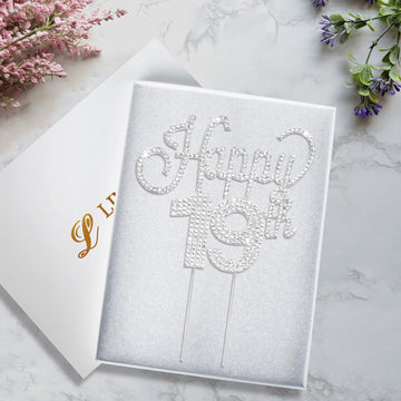 Lingteer Happy 19Th Birthday Silver Rhinestone Cake Topper - Cheers To 19Th Birthday Nineteen Years Old Party Cake Centerpieces