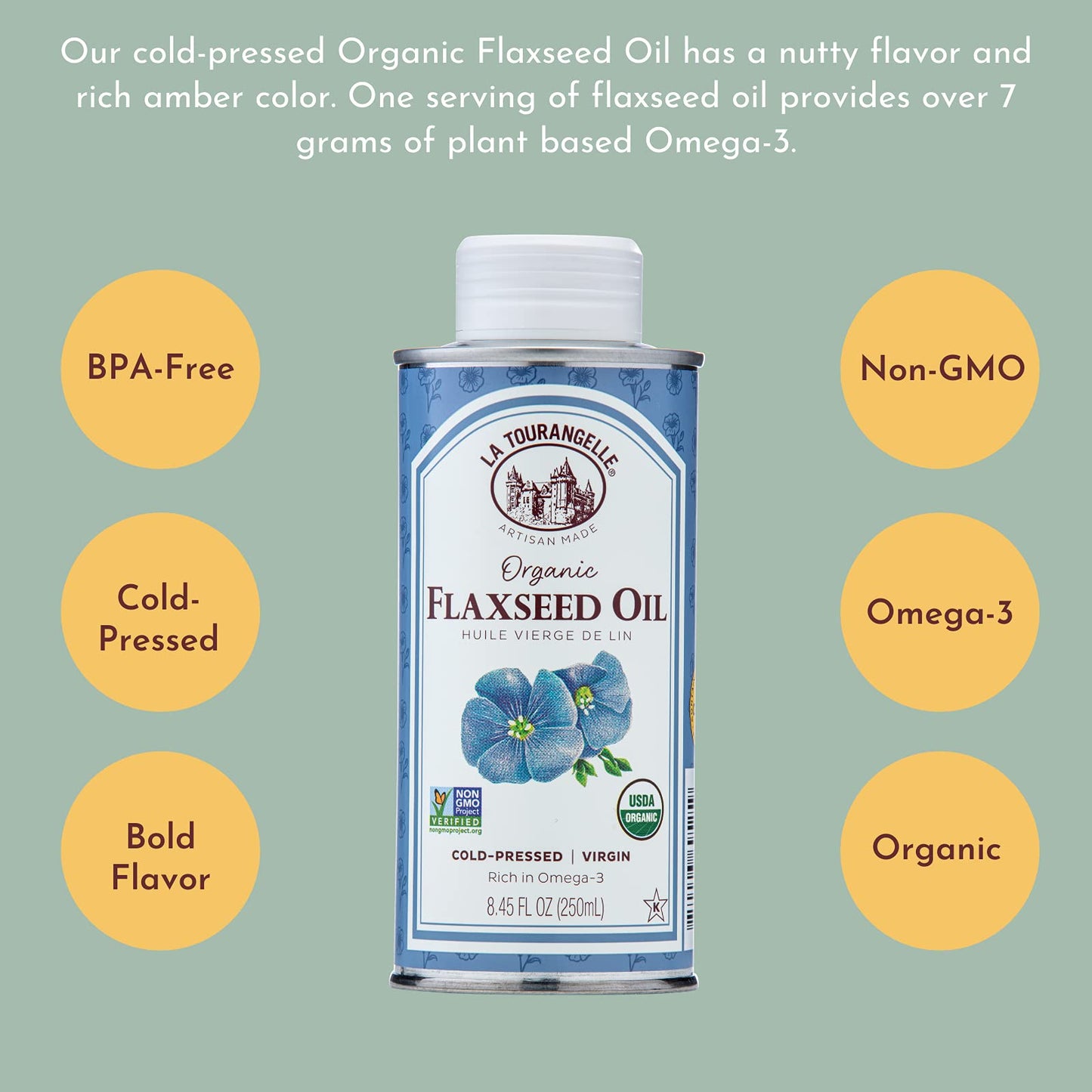 La Tourangelle Organic Flaxseed Oil, Vegan, Non-GMO, Gluten-Free, 8.45 Fl Oz, Cast Iron Seasoning