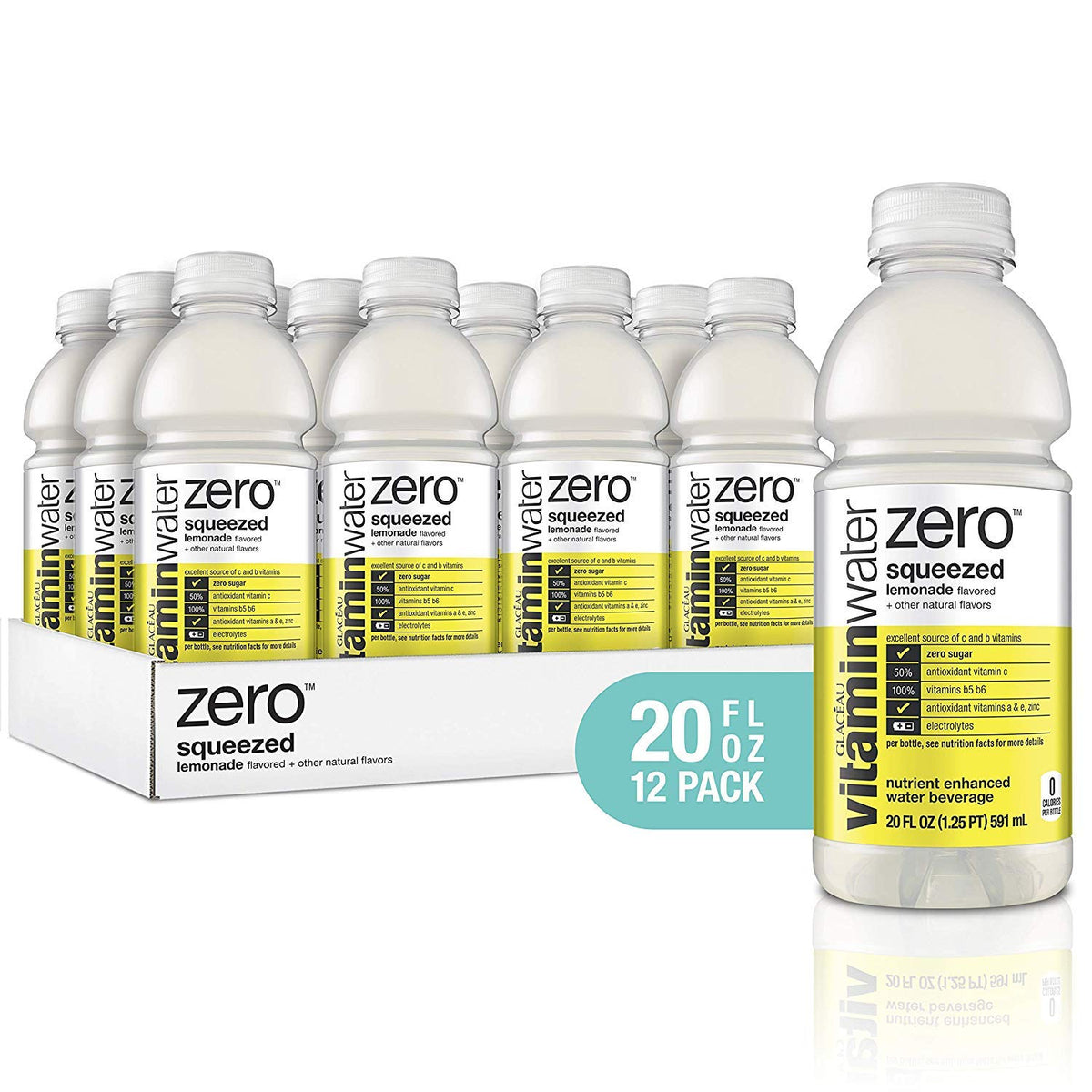 Vitaminwater Zero Sugar Squeezed, Electrolyte Enhanced Water W/Vitamins, Lemonade Drinks, 20 Fl Oz, 12 Pack